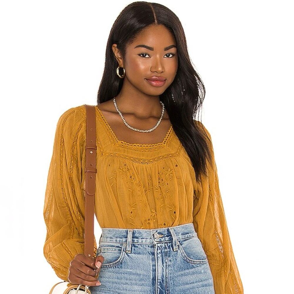 NWT Free People Faraway Fields Top Mustard Embroidered Flowy Boho Casual Size S - Picture 13 of 16
